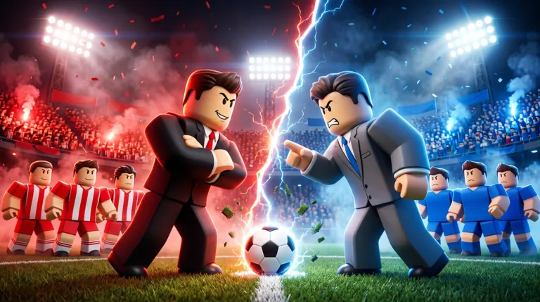 Official Roblox gallery art: two managers facing off under red and blue stadium lights