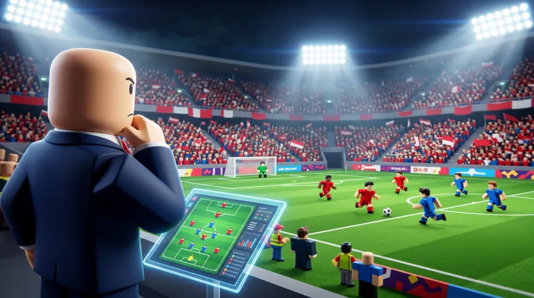 Official Roblox gallery art: a manager watching a match with a tactical tablet