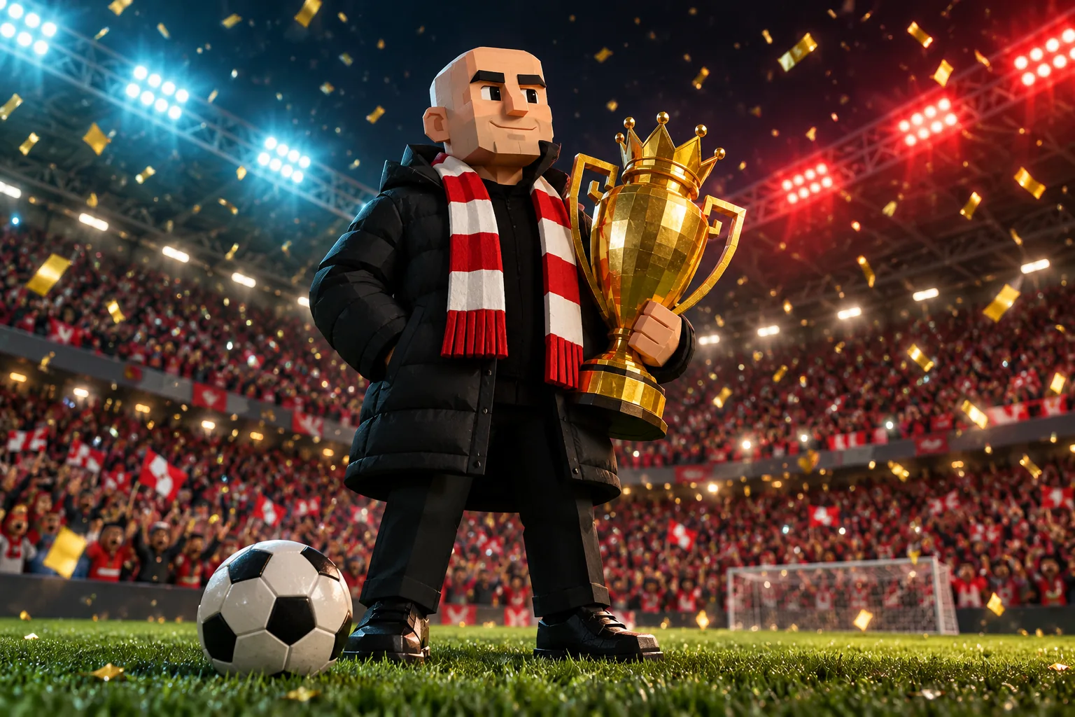 Stylized bald manager in a black puffer jacket and red scarf lifting a gold trophy on a floodlit pitch